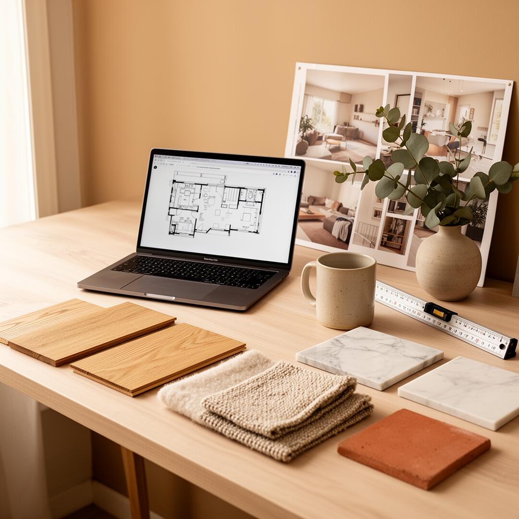 Arbeitsweise – Innenarchitektin Viktoria Exler Arbeitsplatz einer Innenarchitektin mit Grundriss am Laptop, Materialmustern aus Eiche, Marmor, Leinen und Terrakotta sowie Moodboard – Viktoria Exler